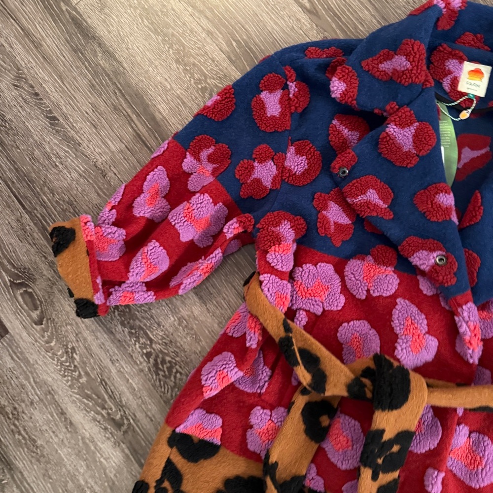 Farm Rio Mixed Leopards Fleece Belted Coat Jacket New - Picture 2 of 7